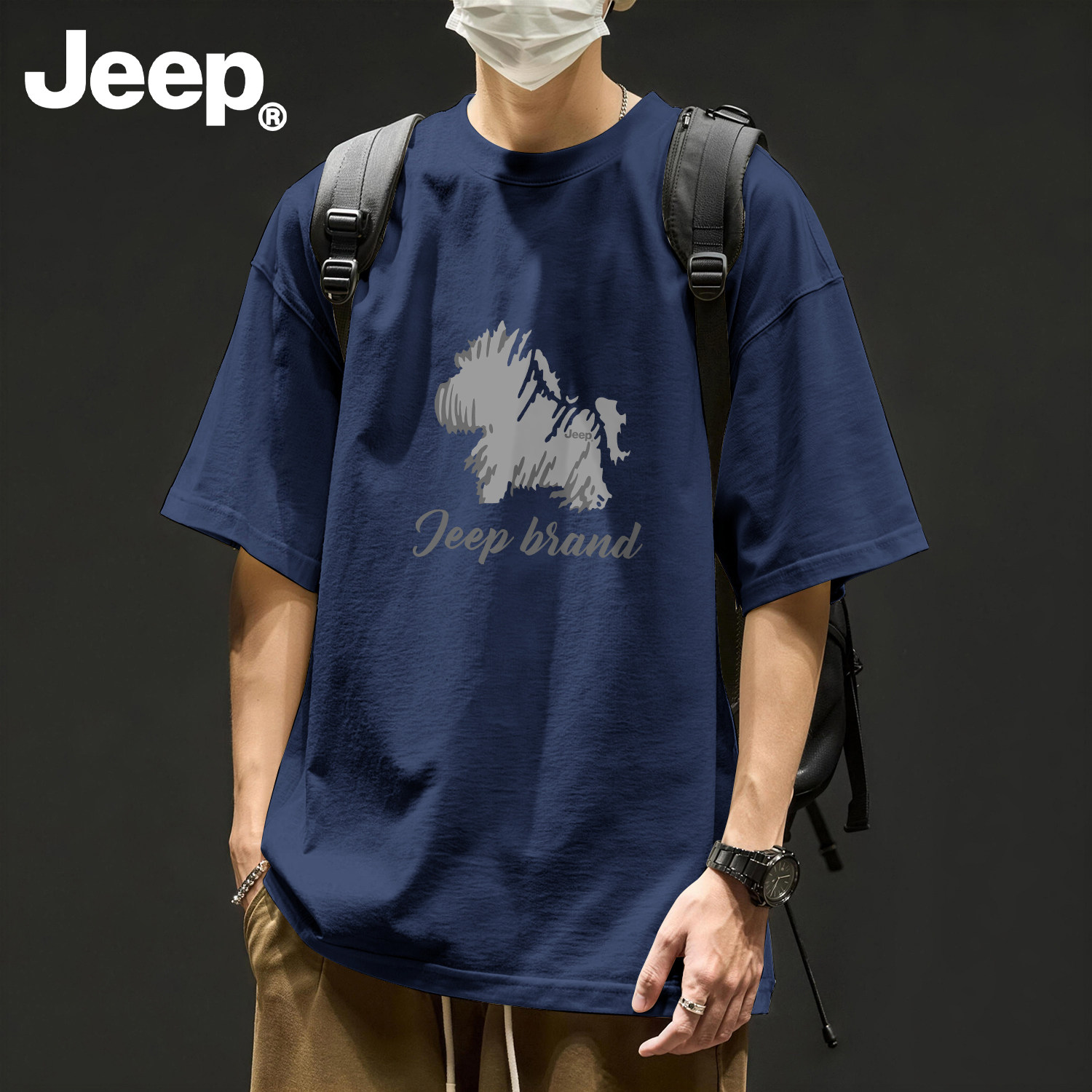 Jeep纯棉透气短袖t恤男士夏季新款男装青少年美式五分袖潮流上衣