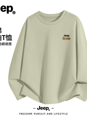 Jeep吉普绿色纯棉长袖T恤男款休闲上衣服打底衫春秋2026新款重磅
