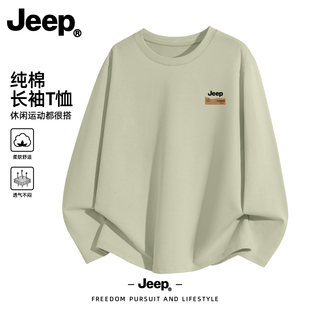 Jeep吉普绿色纯棉长袖T恤男款休闲上衣服打底衫春秋2026新款重磅