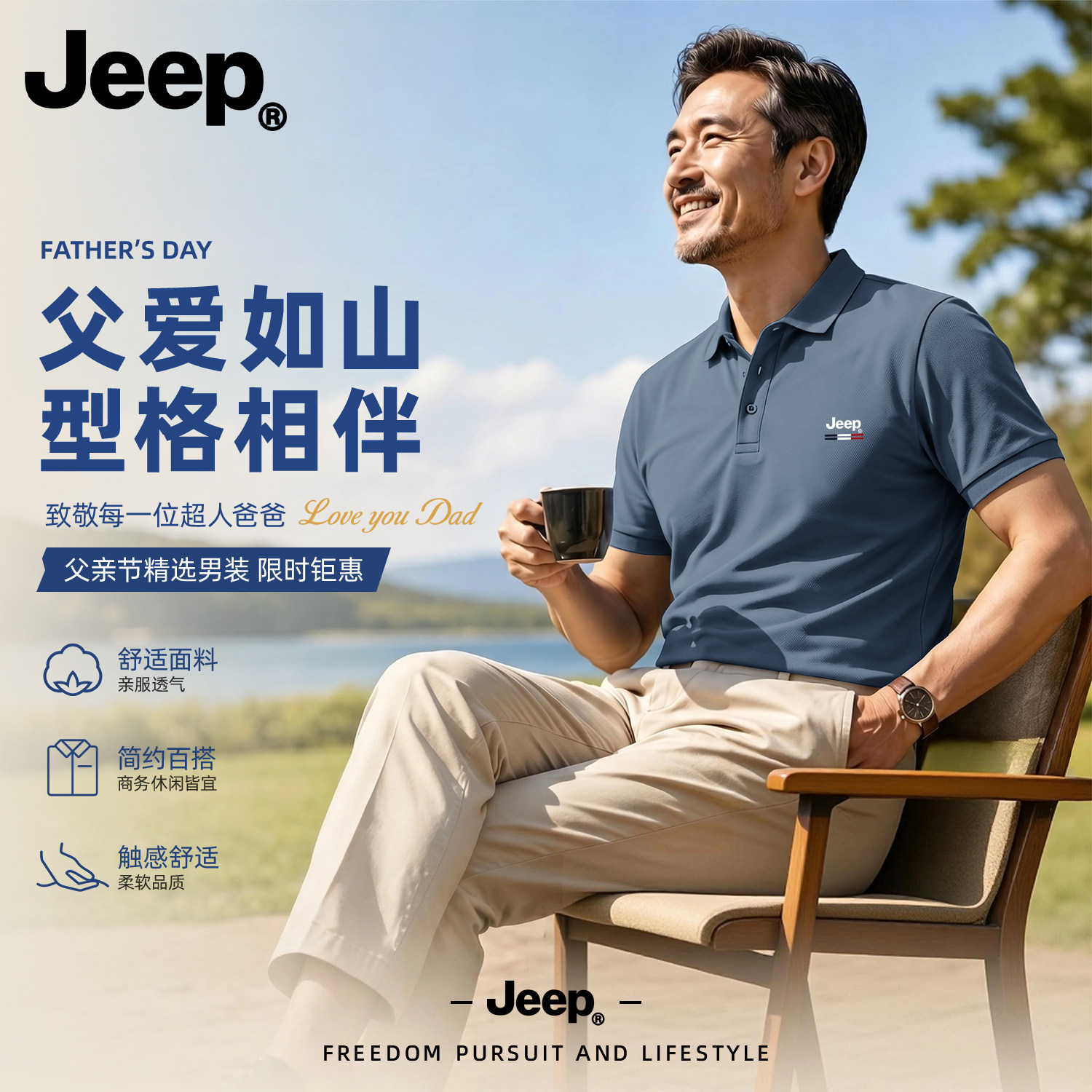 Jeep吉普男士Polo衫2026新款官方正品男装爸爸父亲节透气网眼T恤