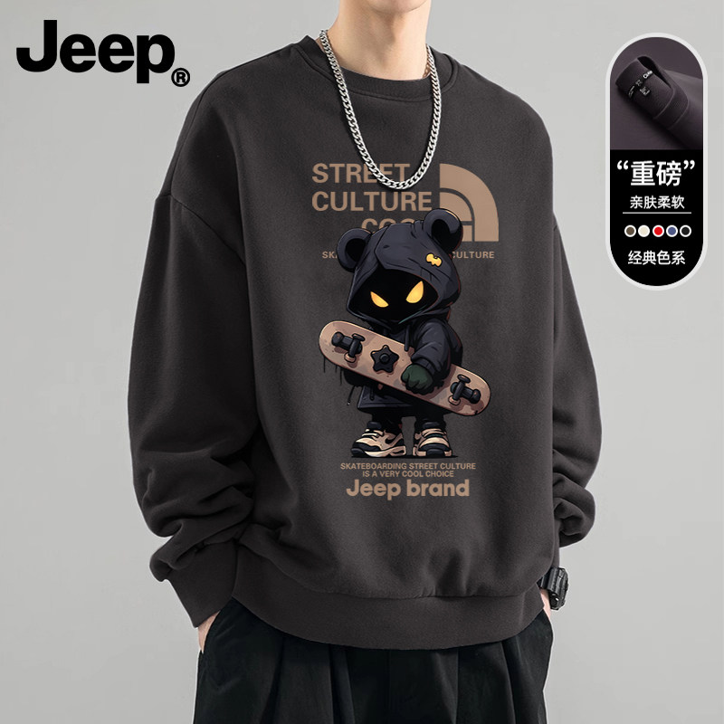 Jeep吉普男女士圆领卫衣美式重磅春秋套头无帽长袖潮牌卡通上衣服
