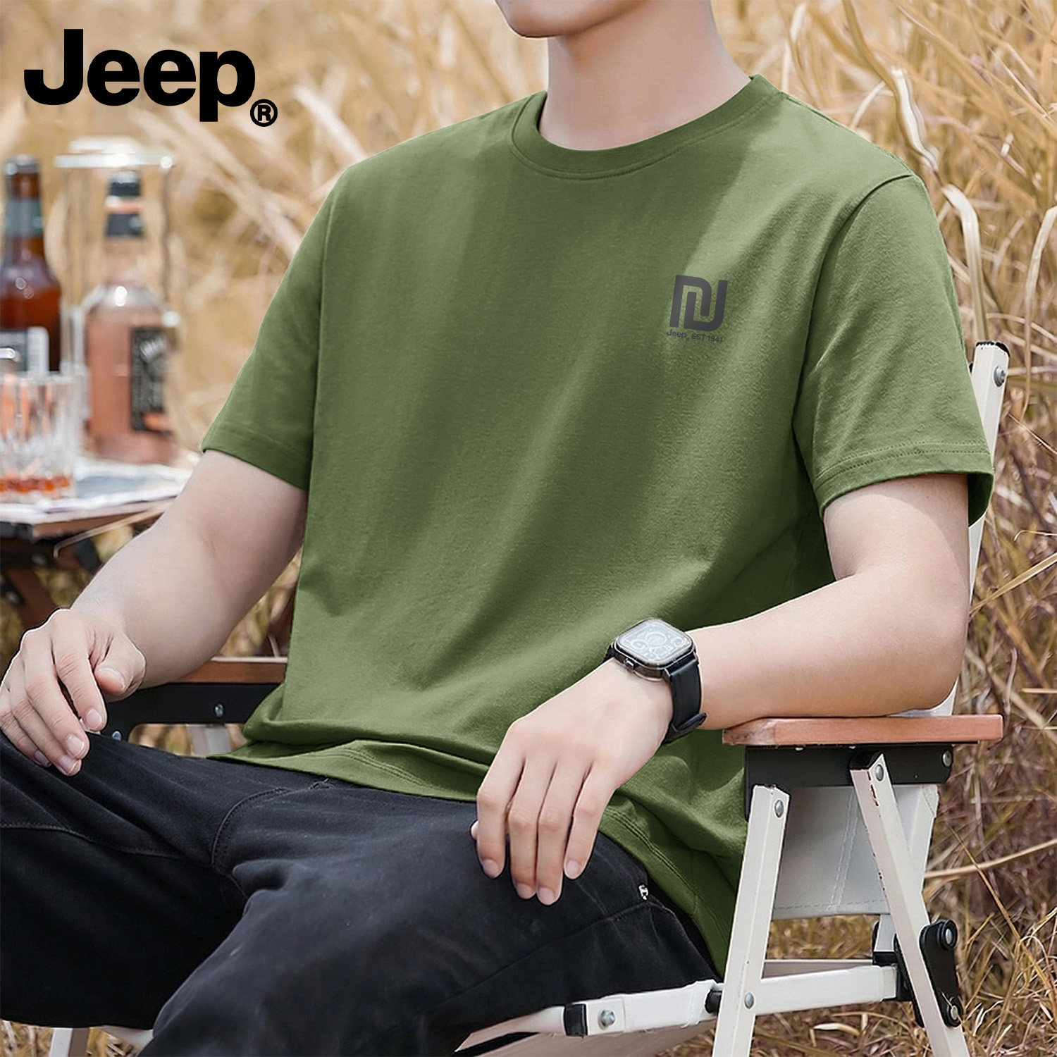 Jeep纯棉透气短袖t恤男士夏季新款五分袖青少年休闲舒适美式上衣