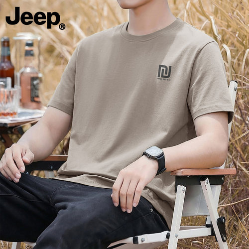 Jeep纯棉透气短袖t恤男士夏季新款五分袖青少年休闲美式高级上衣