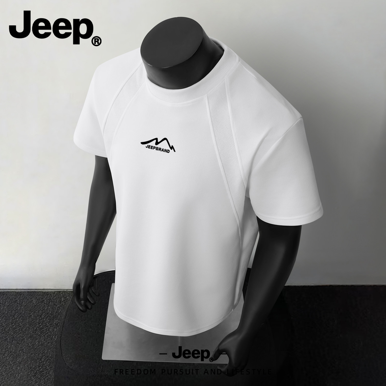 Jeep吉普拼接白色短袖上衣体恤男款美式重磅高端品牌T恤青春流行