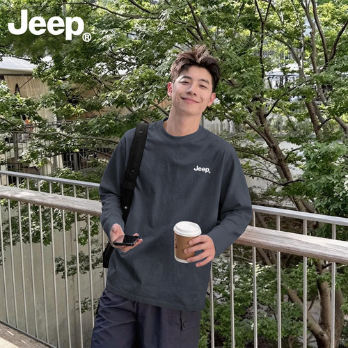 Jeep吉普男士纯棉长袖t恤春秋新款圆领上衣美式潮流透气简约衣服