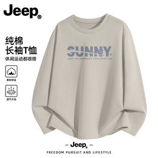 JEEP吉普纯棉长袖男t恤宽松休闲长袖男款上衣白色春季男士打底衫