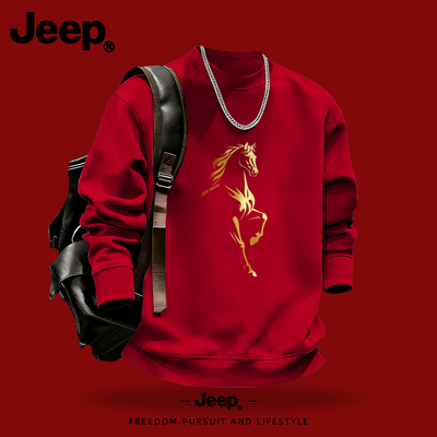 Jeep吉普酒红色圆领卫衣男女士春秋新款男生衣服美式高级潮流上衣