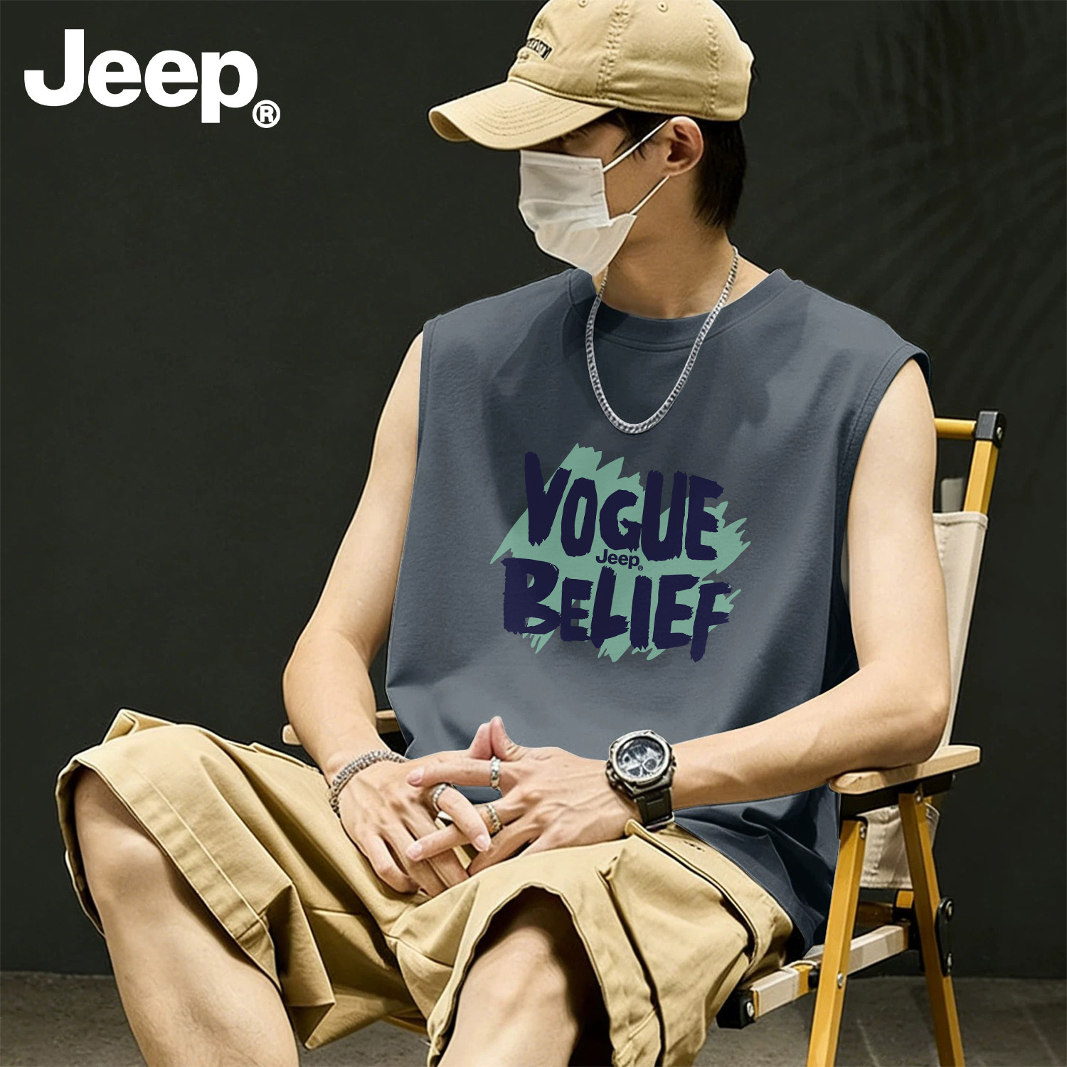 Jeep纯棉男士宽松透气背心