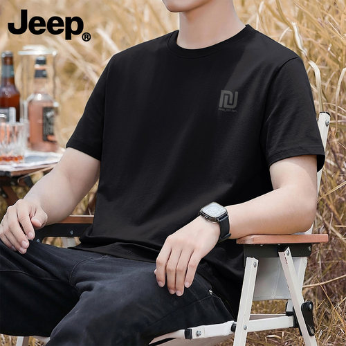 Jeep纯棉透气短袖t恤男士夏季新款五分袖休闲青少年美式高级上衣