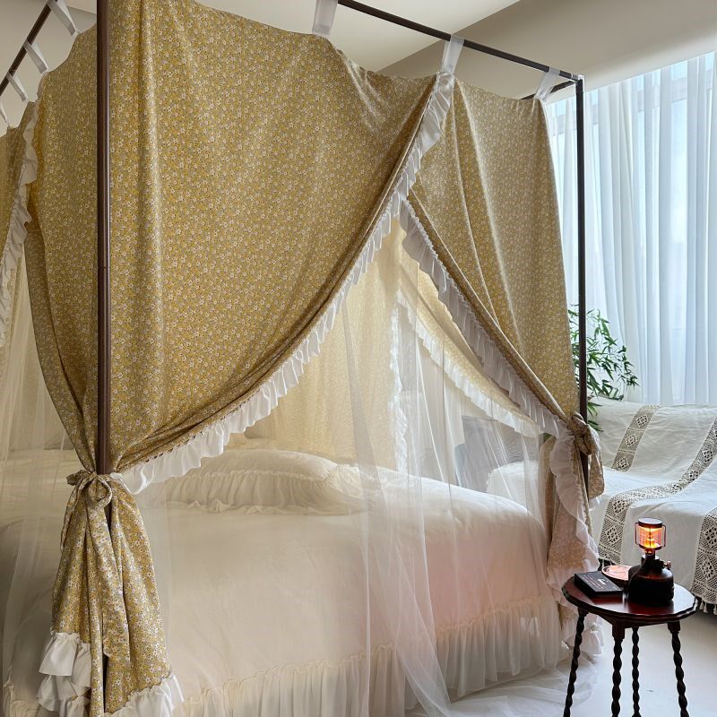 秋冬挡风双层蚊帐落地式三门开木纹支架加粗加厚防蚊防尘床幔家用