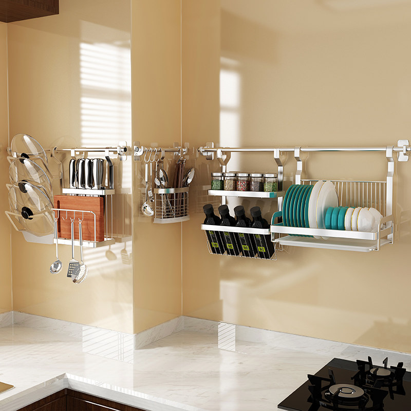 洁臣不锈钢厨房置物架壁挂免打孔刀架一体多功能家用碗架省空间