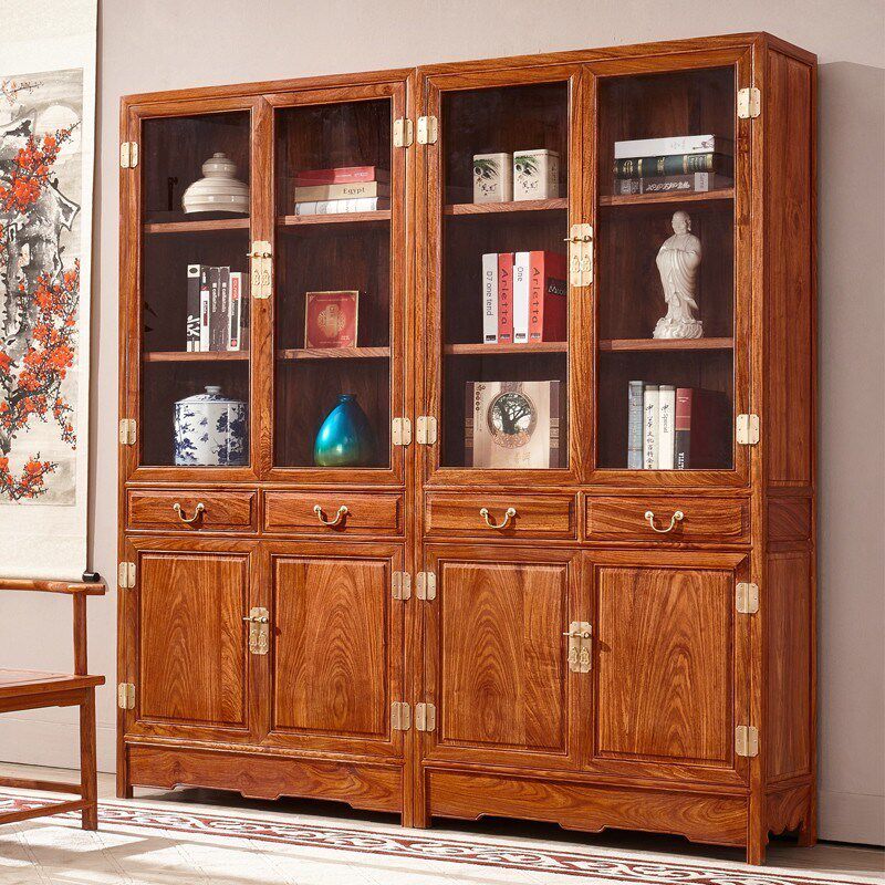 红木书柜a非洲花梨木中式实木明式素面书柜书橱书架展示酒柜玻璃