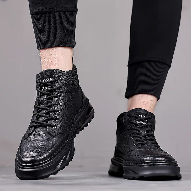新款秋冬季男士商务休闲皮鞋男款加绒保暖二棉鞋内增高帮板鞋男鞋