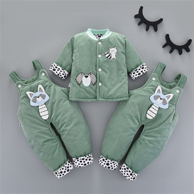 男女宝宝秋冬装婴儿棉衣袄三件套装加厚0-1岁3个月6双背带裤冬季5