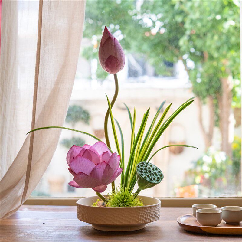 海虹景品荷花彷真花高级感逼真餐桌茶H室玄关客厅小型盆栽假花摆