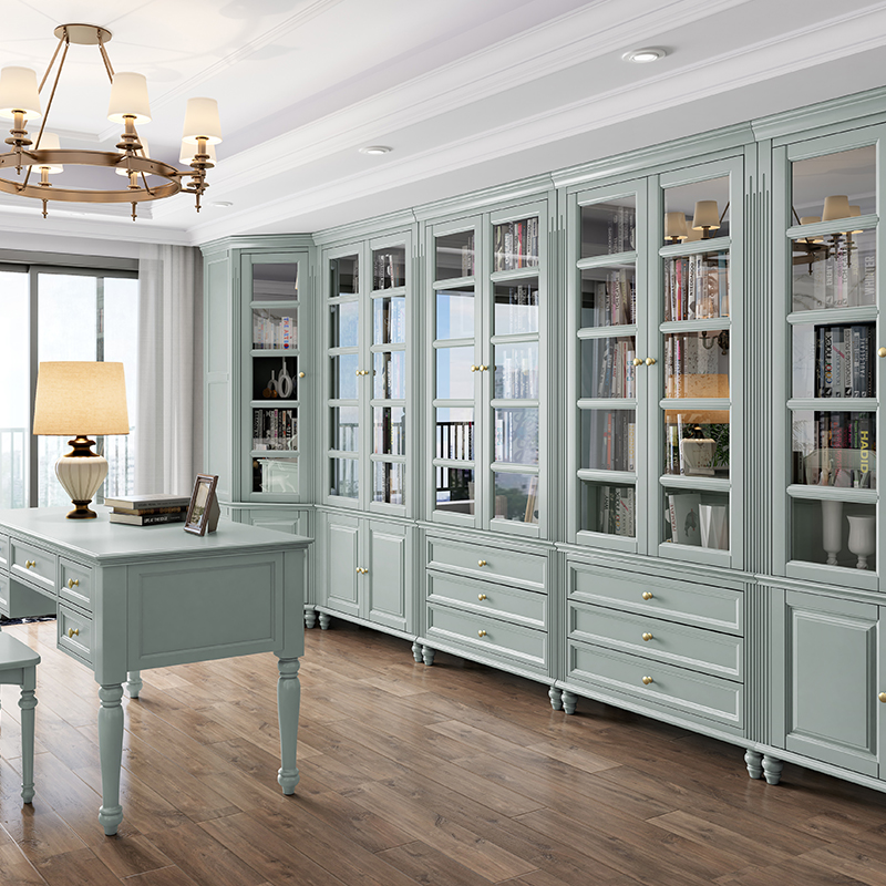 书柜实木收纳柜一体两门置物整墙转角柜防尘玻璃美式满墙书柜定制