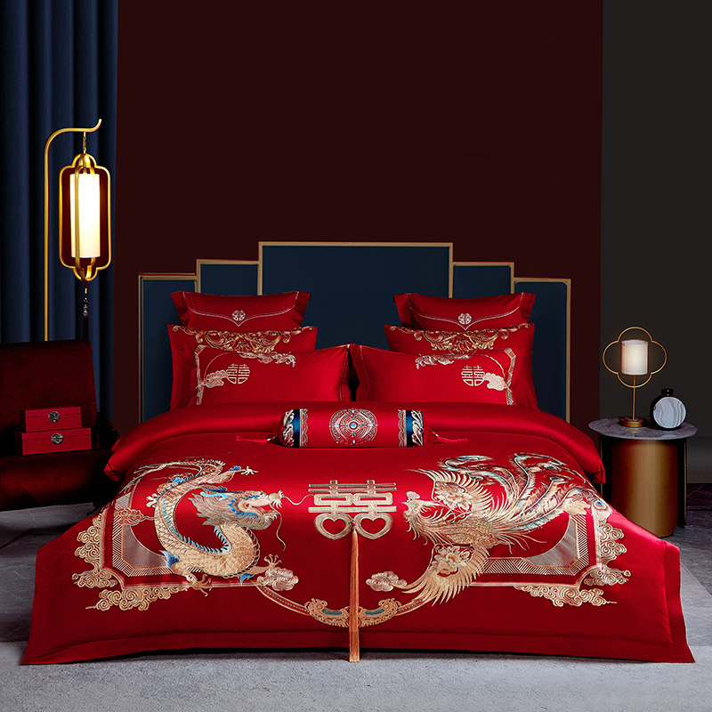 结婚四件套全棉婚庆床上用品大红色新婚六件套龙凤刺绣婚嫁喜被套
