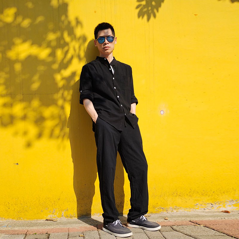法式男士衬衫套装时尚休闲宽松版亚麻裤长袖轻熟帅气质两件套衬衣
