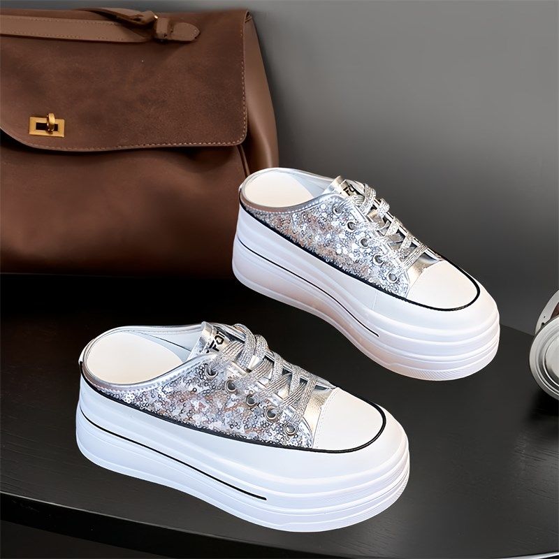 厚底半托鞋女2025夏季新款一脚蹬亮片网红外穿松糕增高懒人凉拖鞋