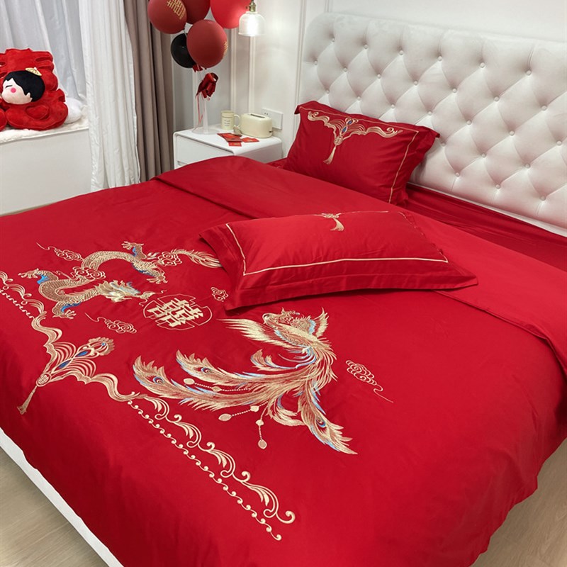 高档结婚床上用品四件套高级感中式婚庆龙凤刺绣被套纯棉红色床单
