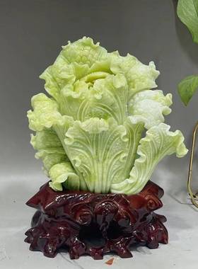玉石白菜摆件坐地生财天然玉石原石手工雕刻玉家居装饰博古架摆设