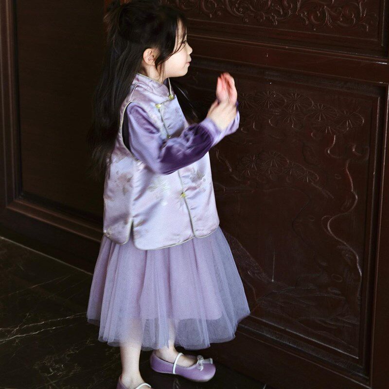 女童织锦缎春秋冬新中式国风唐装紫色提花马甲半身裙套装