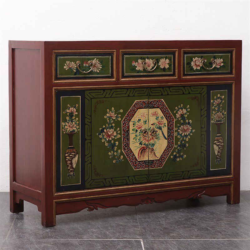 复古做旧柜新中式玄关柜仿古典实木门厅装饰餐边柜手绘玄关鞋柜子