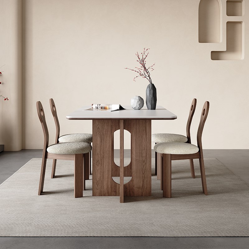 北欧实木餐桌长方形胡桃色家用客厅中古侘寂风哑光白色岩板餐桌