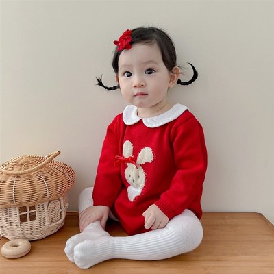 婴儿连体衣红色兔子毛衣满月女宝宝百日宴周岁礼服喜庆假两件秋装