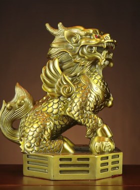 铜麒麟摆件一对纯铜麒麟八卦财富元宝公母麒麟家居客厅办公室装饰