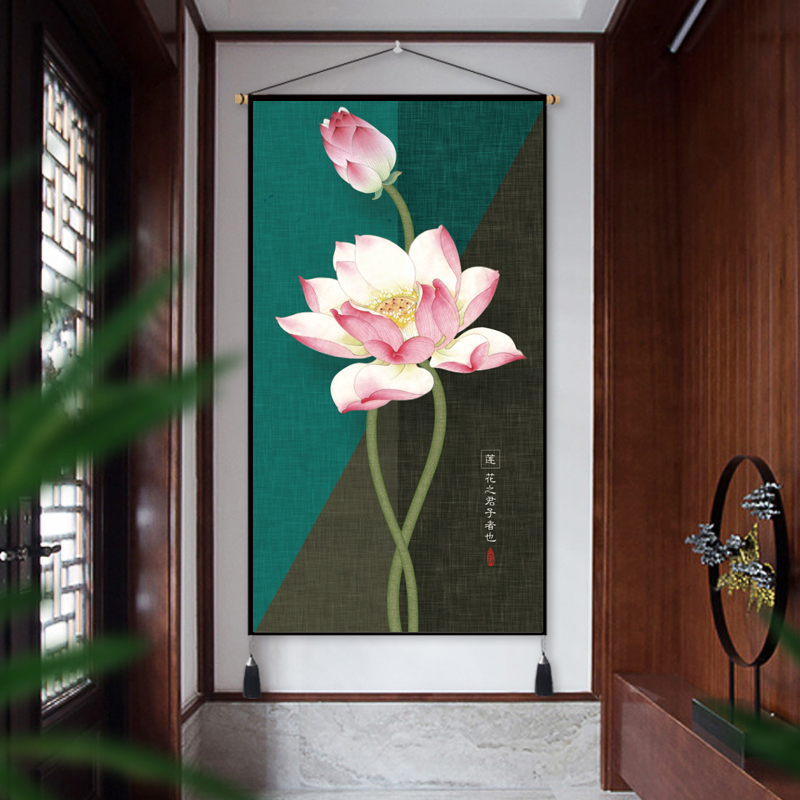 中式清新荷花挂画布艺挂毯客厅玄关墙壁挂画电表箱遮挡流苏装饰画图片