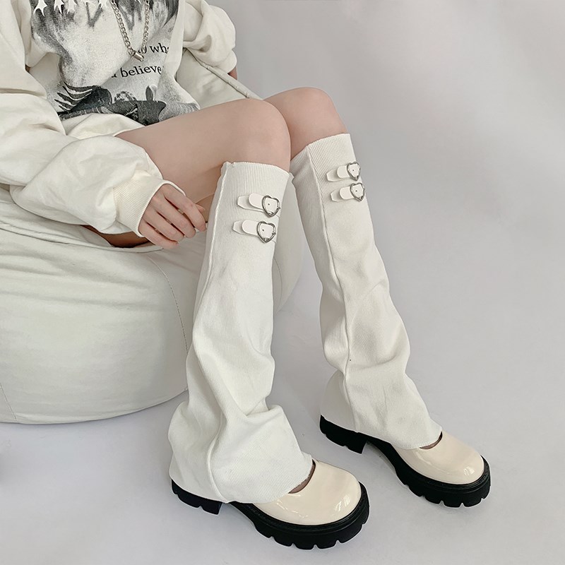 夜间教习室针织袜套秋冬爱心皮扣jk小腿袜子女阔腿中筒袜白色腿套