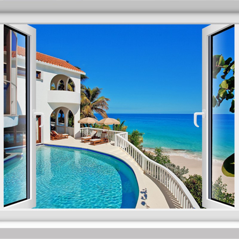 3D卧室假窗户墙贴画唯美风景海景餐厅墙面装饰森林壁纸客厅墙纸