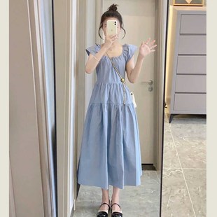 法式 蓝色温柔风气质仙女长裙 方领小飞袖 宽松高腰显瘦连衣裙女夏季