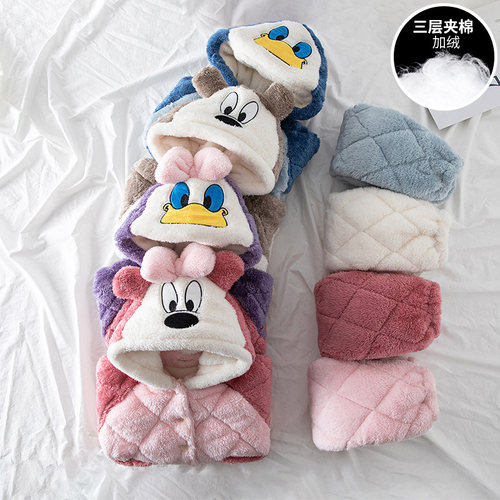 儿童睡衣冬季加厚款法兰绒加绒男女童宝宝三层夹棉造型家居服套装