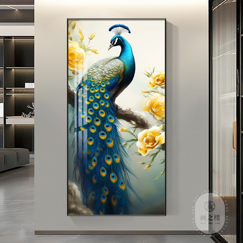 孔雀花开富贵吉祥入户玄关装饰画走廊过道客厅壁画竖版正对门挂画图片