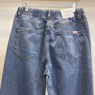 子 港风老爹直筒蓝色系绳牛仔裤 春秋新款 休闲松紧腰宽松潮男女长裤
