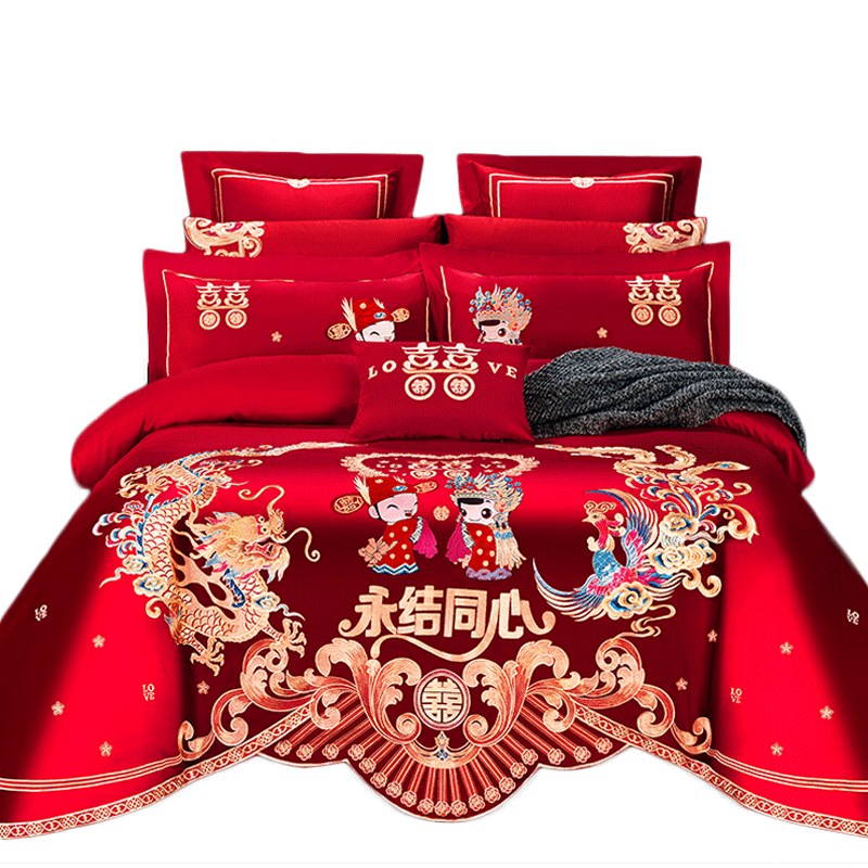 结婚床上用品四件套婚庆100全棉床单被套大红色喜被新婚嫁房4