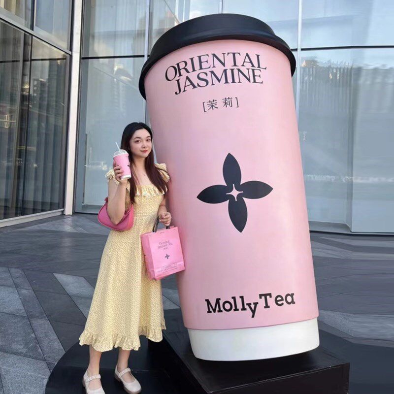 网红茉莉奶白f奶茶杯玻璃钢雕塑咖啡杯模型店铺门口拍照装饰大摆