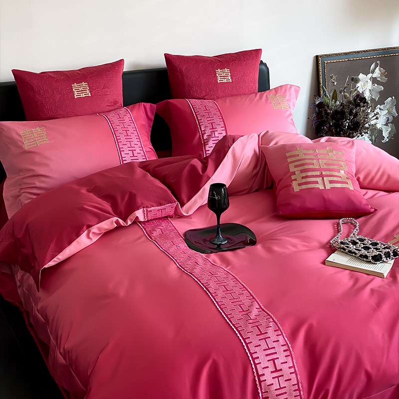 微醺渐变喜字结婚四件套100S长绒棉全棉纯棉红色被套婚庆婚嫁床品