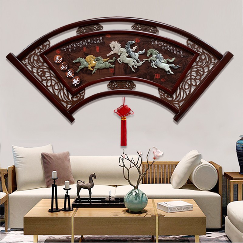 客厅装饰画中国风沙发背景墙新中式扇形挂画餐厅墙面玉雕画浮雕画图片
