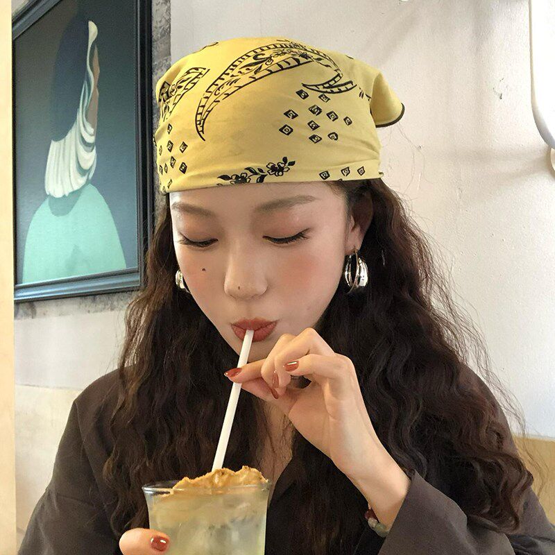 定制款!黄色印花头巾女2025新款y2Fk甜酷辣妹潮流方巾多功能丝巾