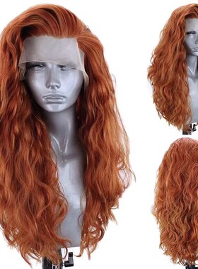 女士优雅姜黄色卷曲蕾丝前假发13x4预拔发丝耐热合成发无胶套装