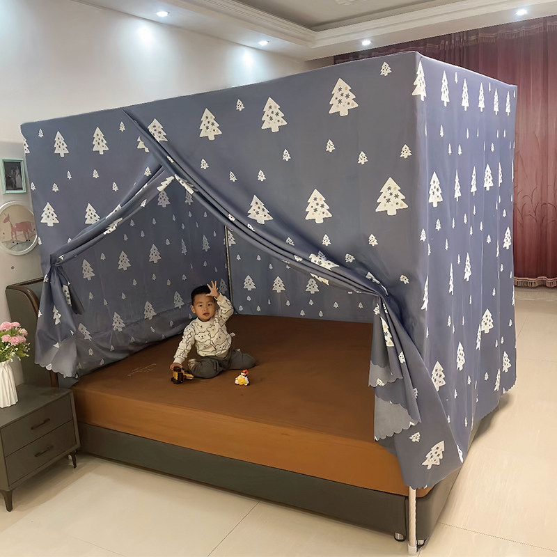 一体式布蚊帐防h尘顶纹帐单开门床幔遮光保暖挡风孕妇家用1.5m1.8