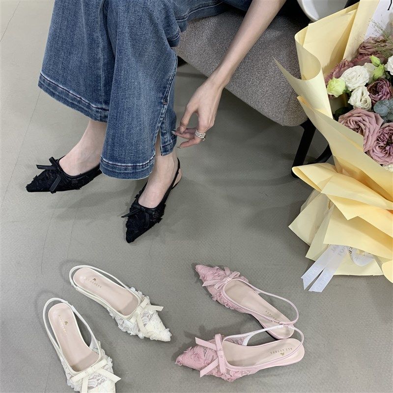 尖头单鞋女2025新款鞋子春季低跟一字带女鞋平底法式包头浅口凉鞋,女鞋,时装凉鞋,淘宝优惠券,粉丝福利购,淘宝优惠卷