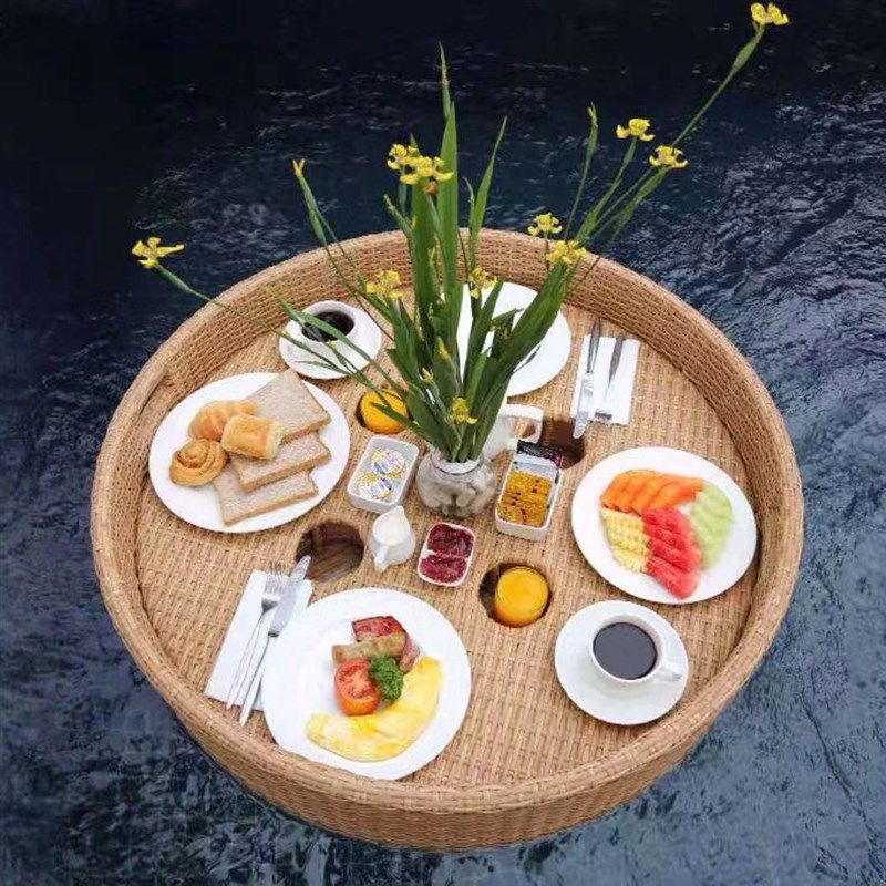 泳池温泉飘盘早餐水果饮料漂浮托盘酒店民宿网红水上藤编篮子餐盘
