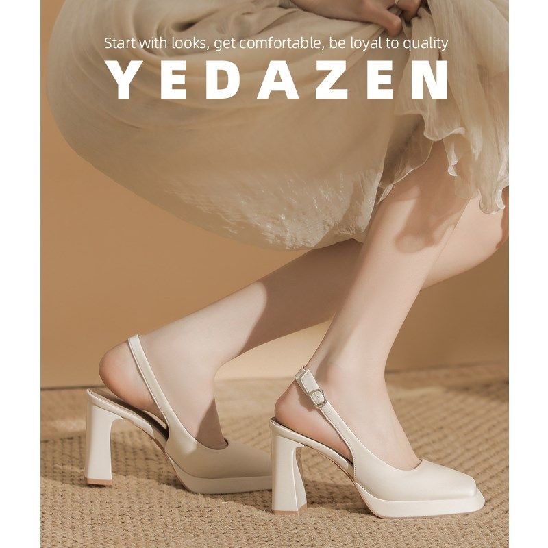 白色高跟鞋包头厚底绝美凉鞋女款2025新款夏季后空一字带粗跟单鞋