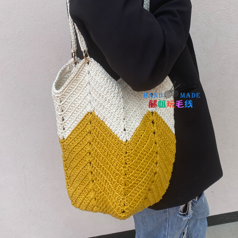 菜篮子包包双色大容量DIY编织材料包毛线手拎手提挎包背包 非成品