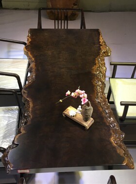 尺寸:175*84-80*6.5 黑檀大板实木原木红木茶桌U茶台办公餐桌书桌