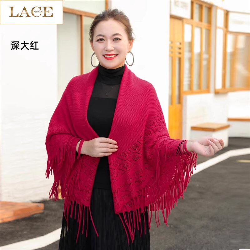 披肩外搭女c2024新款围巾围脖披风秋冬季小坎肩红蓝色民族风高级